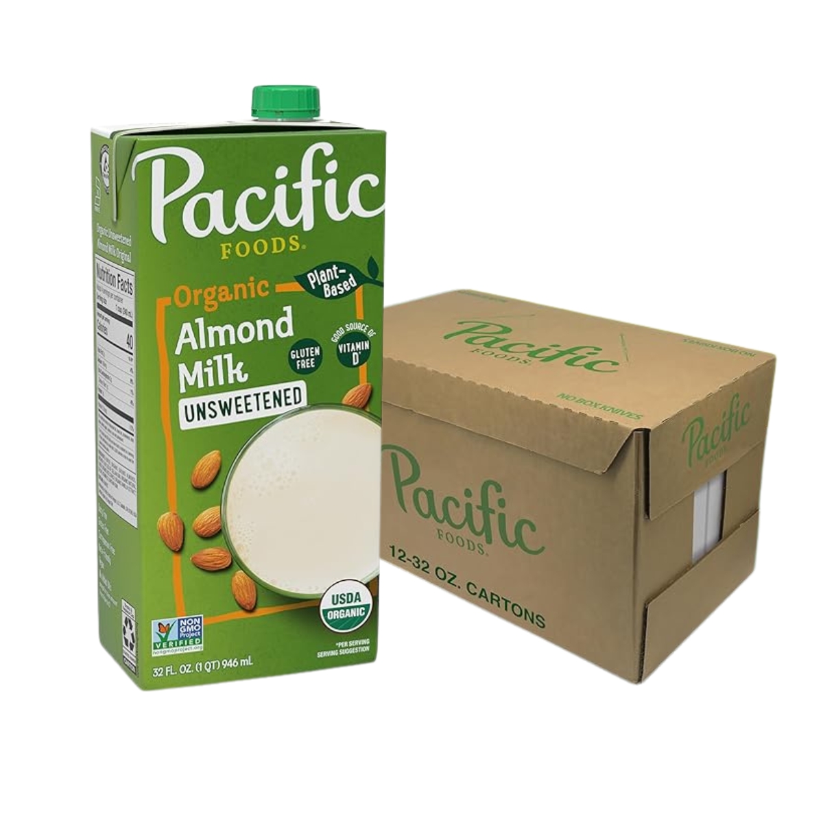 bebida de almendra sin azúcar Pacific Foods Bebida de almendra sin azúcar Pacific Foods en envase de cartón de 946 ml, ideal para recetas saludables y dietas sin lácteos.